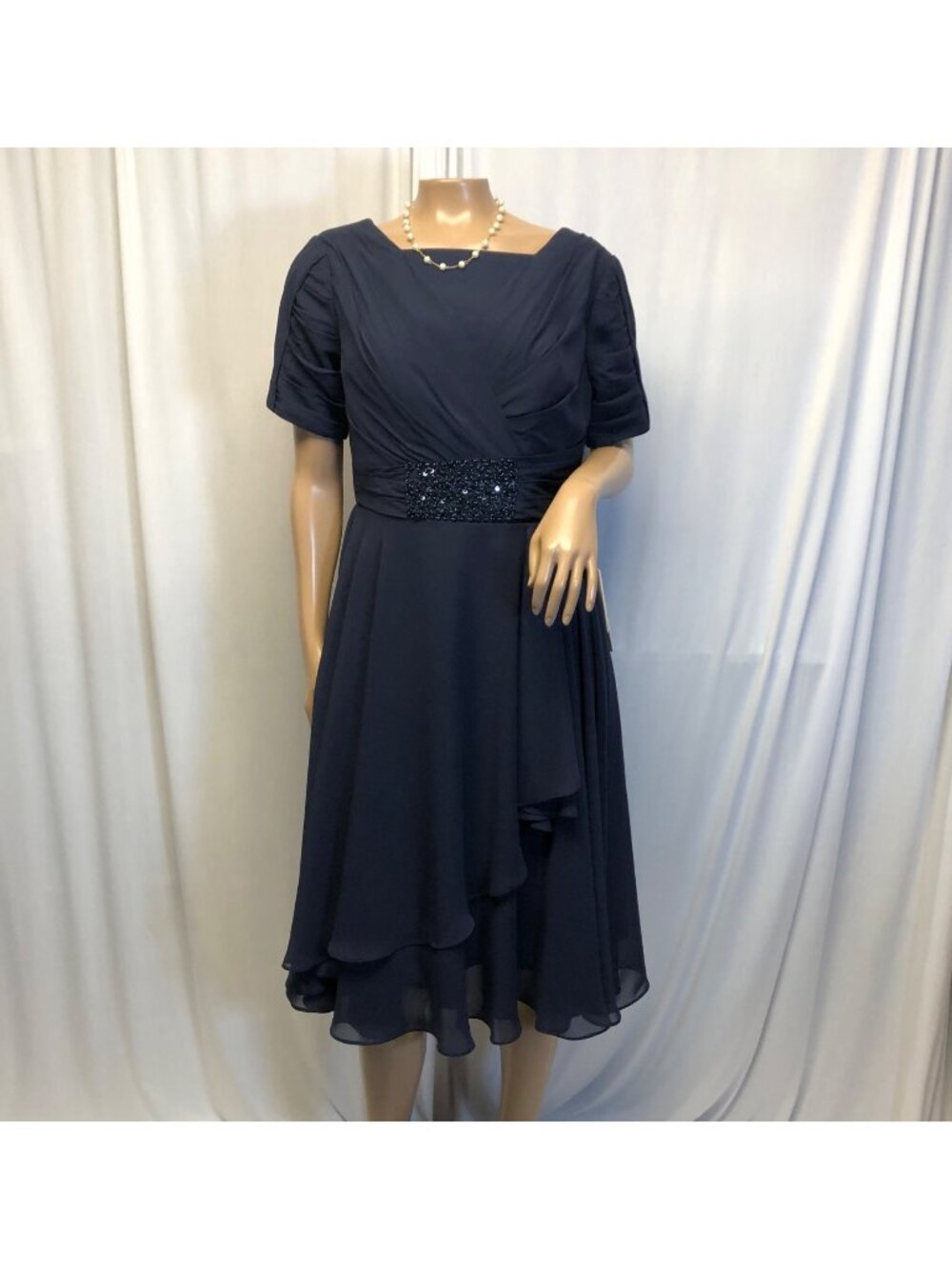 Mingdas Dress Navy Midi Womens Small Beaded Waist Mother of Bride Evening NEW